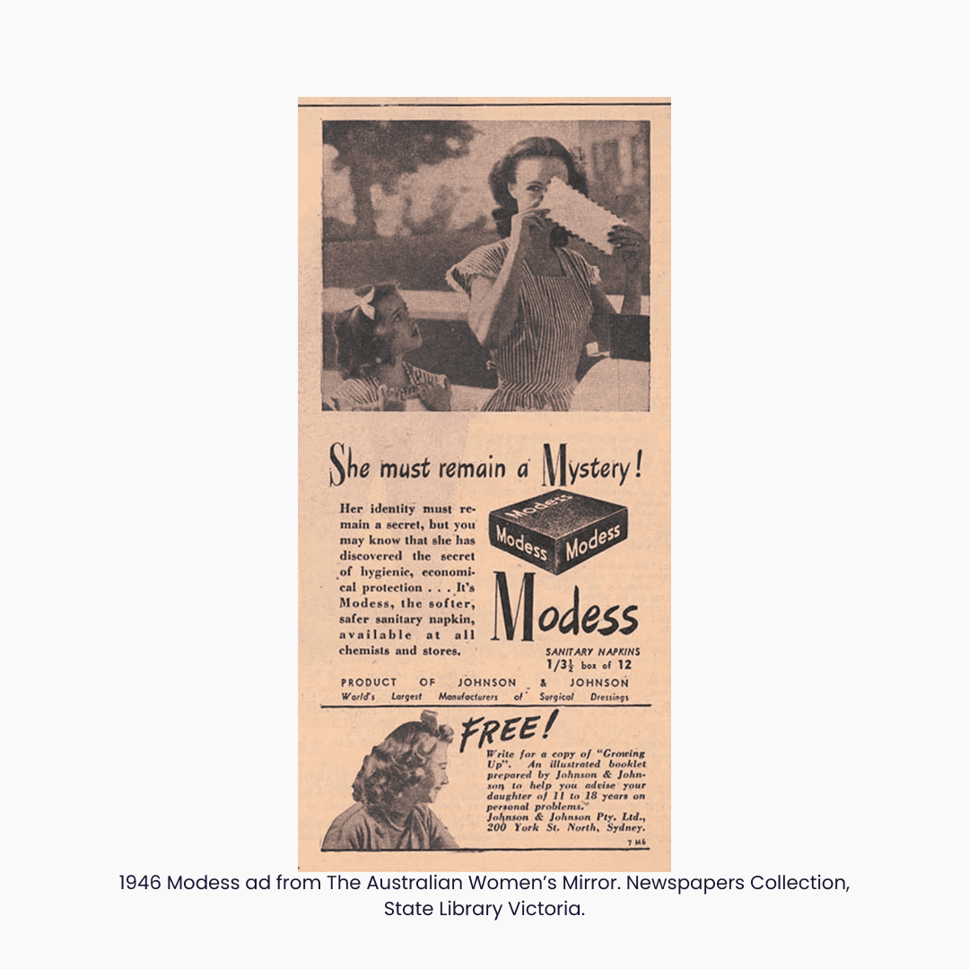 1946 Modess ad from The Australian Women's Mirror. Newspapers Collection, State Library Victoria.
