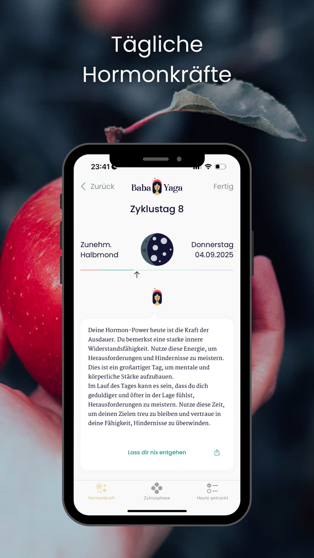 App-Screenshot aus Baba Yaga Menstruations Zyklus Coach mit täglichen Hormonkräften und Zyklus-Insights