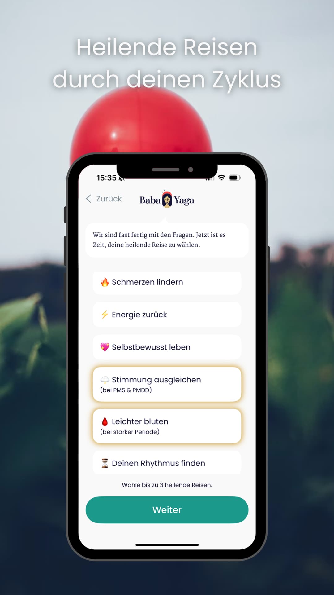 App-Screenshot aus Baba Yaga Menstruations Zyklus Coach mit Healing Journeys für Krämpfe, PMS, Energie, Stimmung und Zyklus-Rhythmus