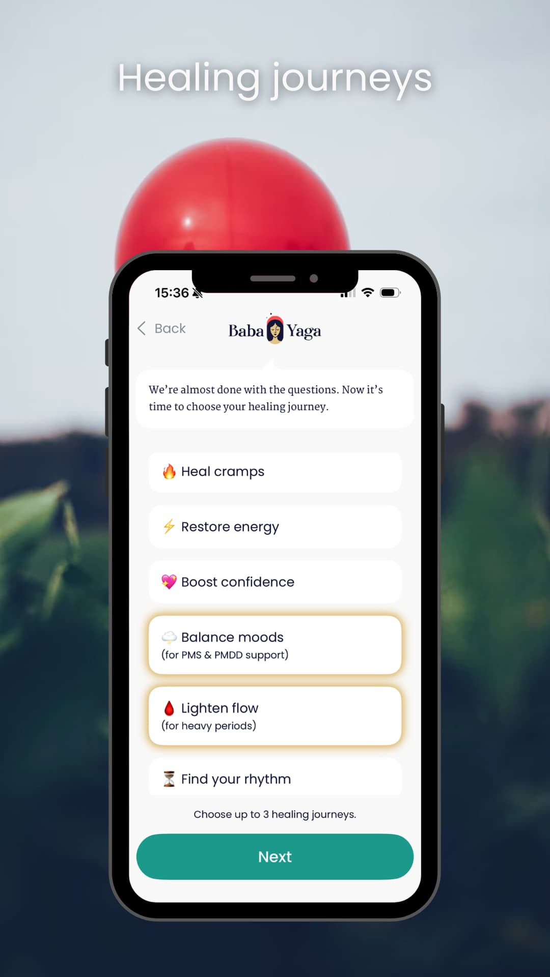 app screenshot from Baba Yaga Cycle Coach showing Healing Journeys options, including support for cramps, energy, mood balance, confidence, heavy flow, and cycle rhythm