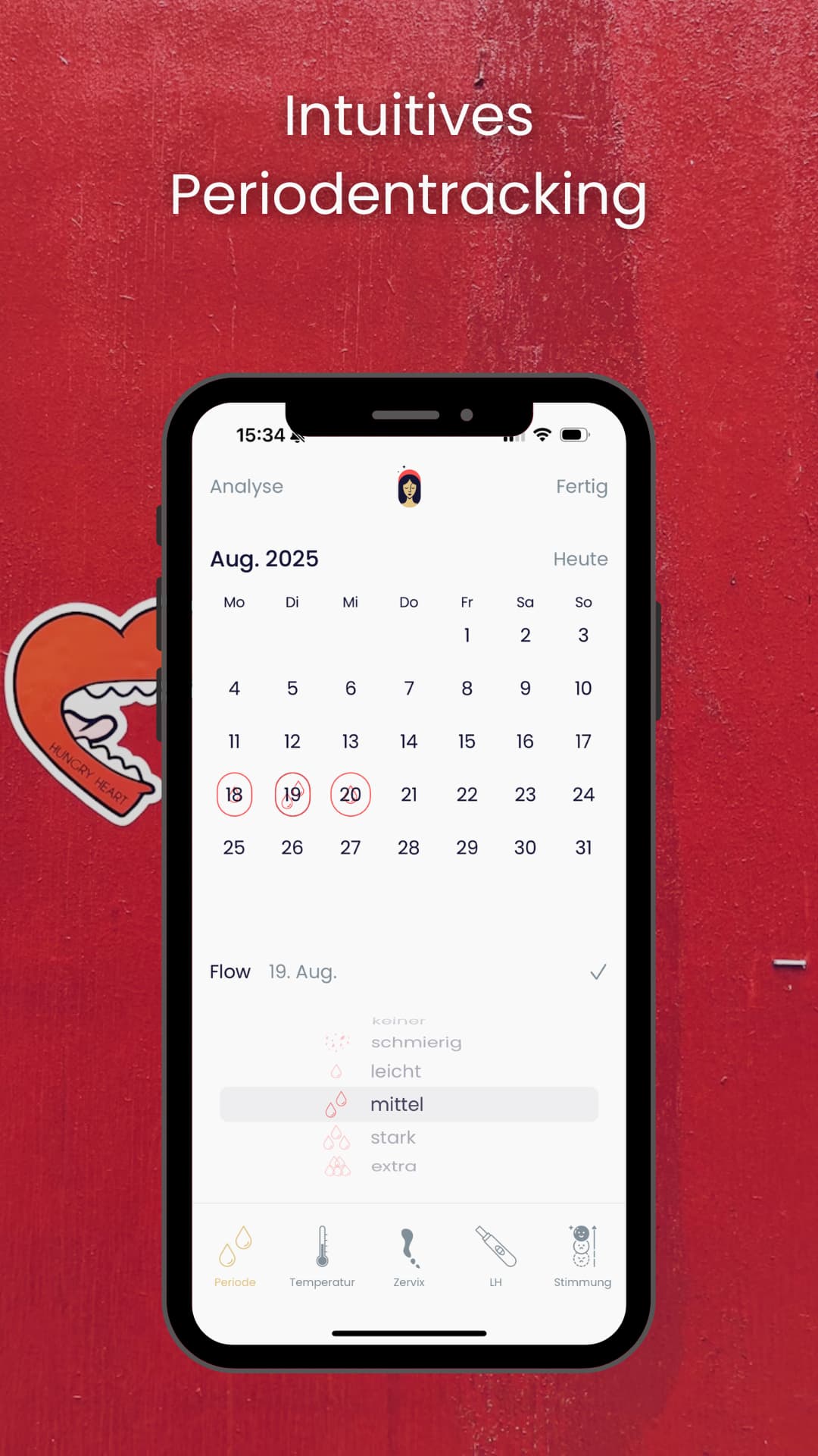 App-Screenshot aus Baba Yaga Menstruations Zyklus Coach mit intuitivem Perioden-Tracking im Monatskalender