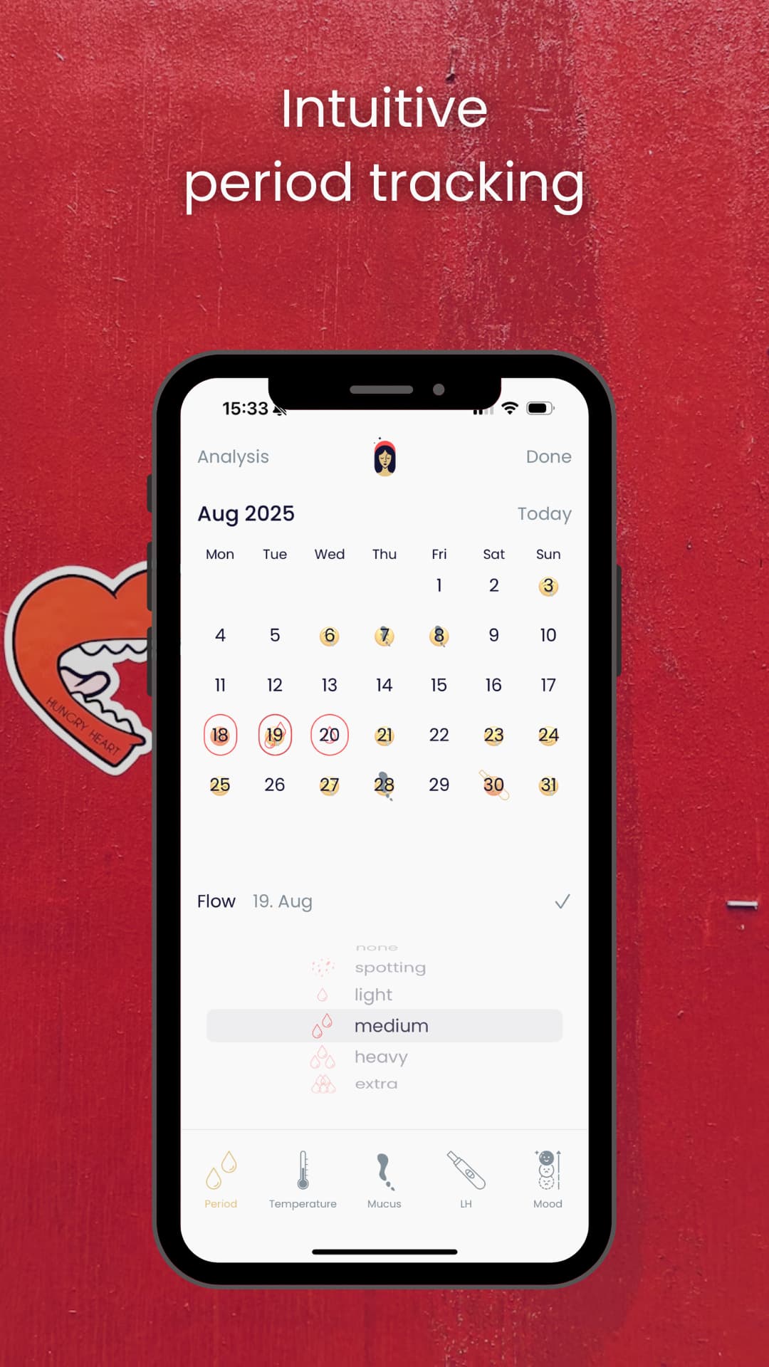 app screenshot from Baba Yaga Cycle Coach showing intuitive period tracking with a monthly calendar view and flow logging options