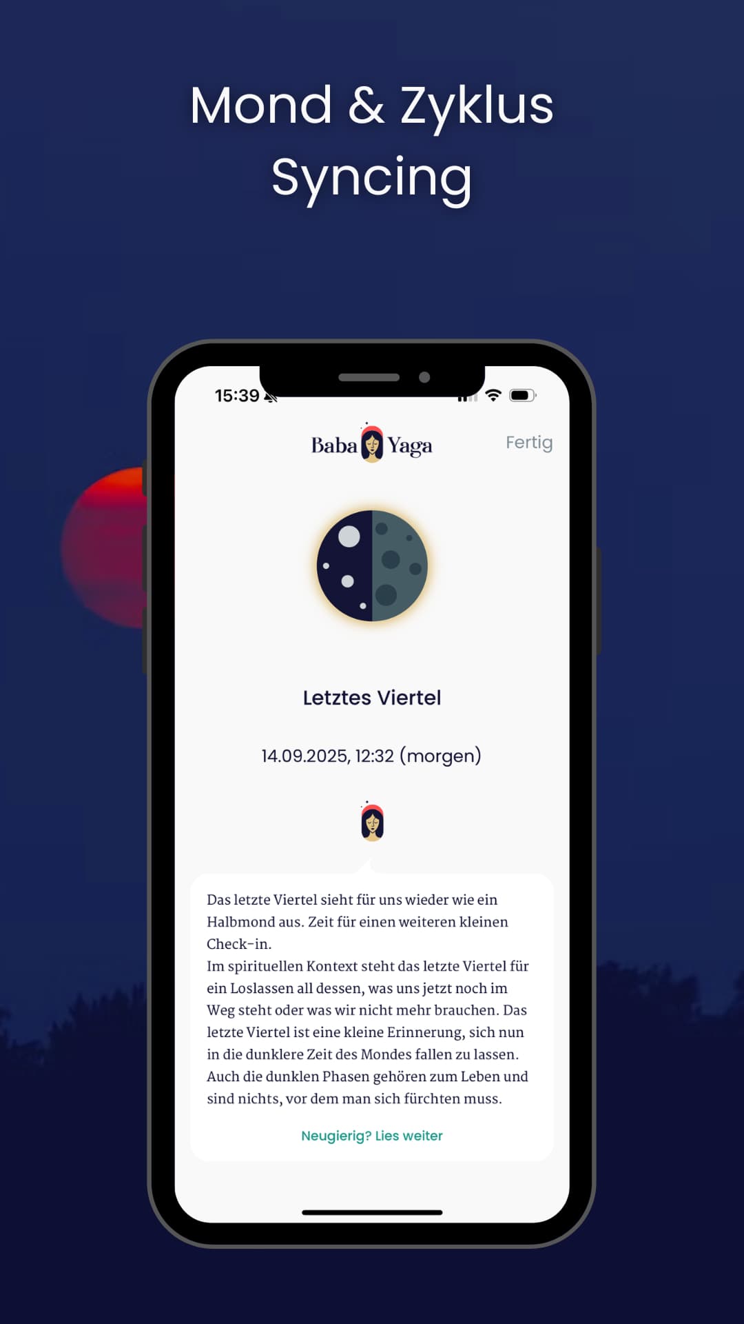 App-Screenshot aus Baba Yaga Menstruations Zyklus Coach mit Mond- und Zyklus-Syncing und Reflexion zur letzten Viertelmondphase