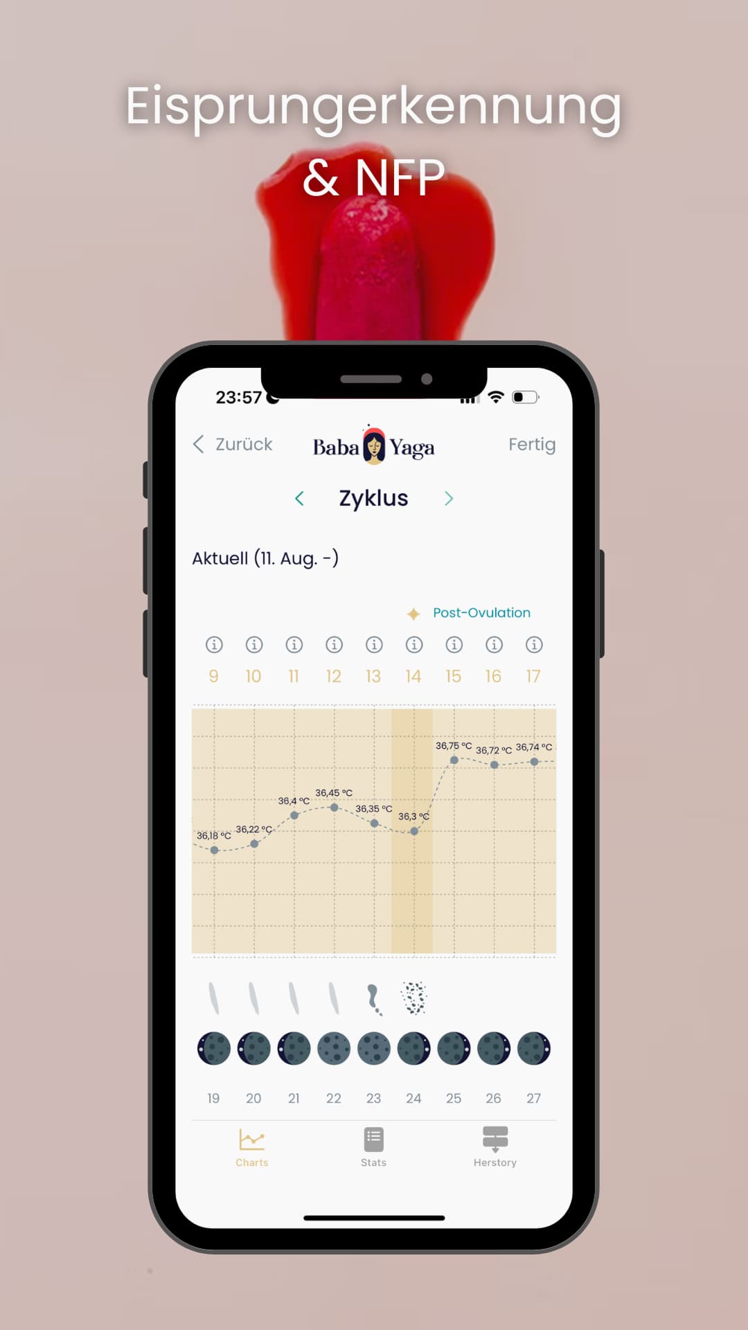 App-Screenshot aus Baba Yaga Menstruations Zyklus Coach mit Eisprungerkennung durch Basaltemperatur, Zervixschleim und LH-Tracking
