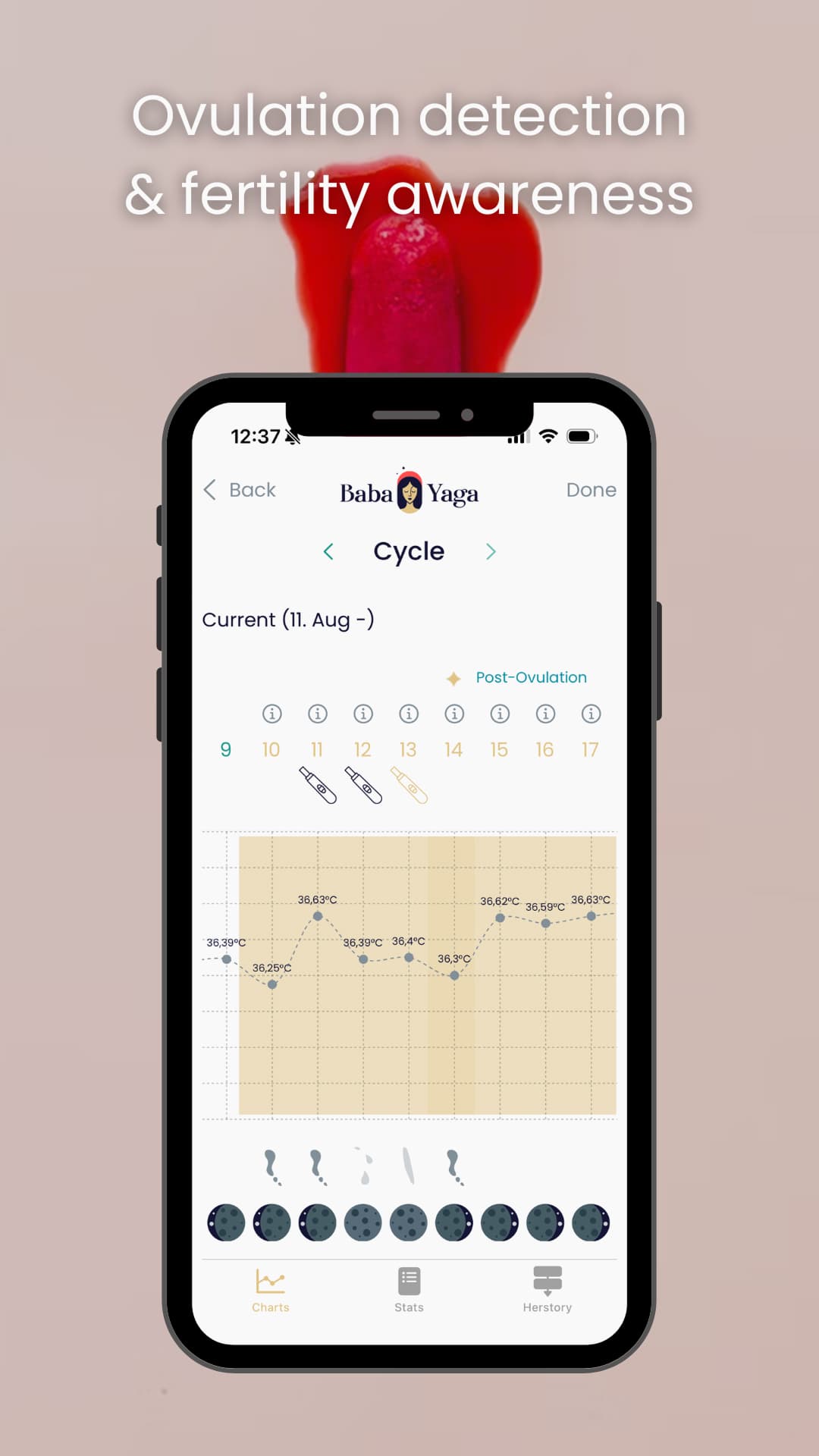 app screenshot from Baba Yaga Cycle Coach showing ovulation detection and fertility awareness chart with basal body temperature and cervical mucus tracking