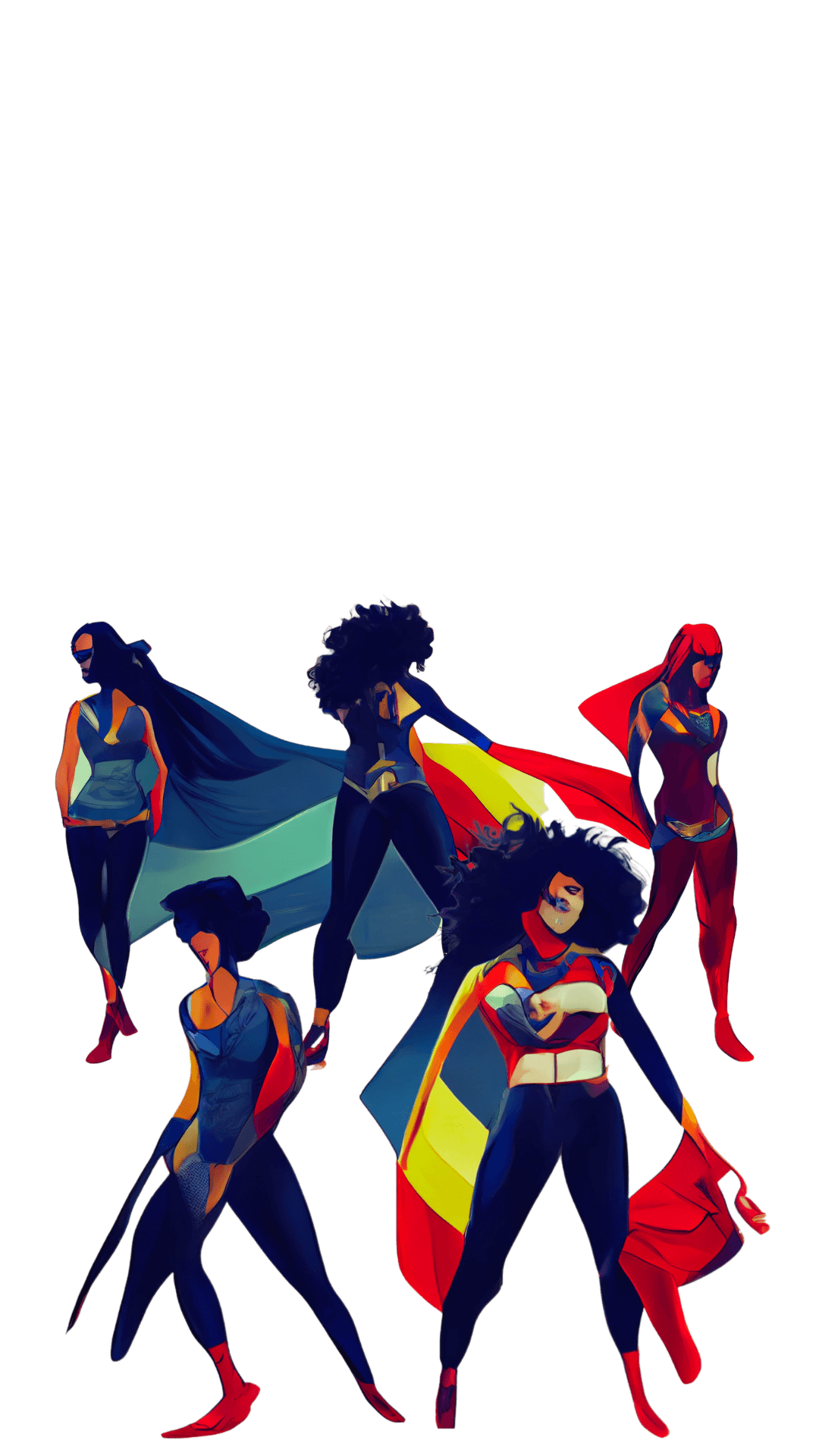 Diverse feminine and non-binary superheroes standing side by side and looking empowered.